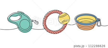 Set of pet supplies one line colored continuous drawing. Tape measure leash, retractable leash, chew toy, portable water bowl continuous one line 112286626