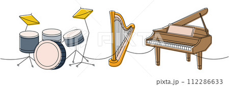 Musical instruments set one line colored continuous drawing. Drum kit, lyre, wooden harp, grand piano continuous one line illustration. 112286633