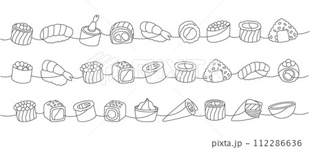 Sushi set. Japanese traditional food one line drawing. Ikura sushi, tobiko maki, philadelphia roll, onigiri, shrimp nigiri, tekkamaki tuna roll Sushi set. Japanese traditional food one line drawing. Ikura sushi, tobiko maki, philadelphia roll, onigiri, shrimp nigiri, tekkamaki tuna roll 112286636