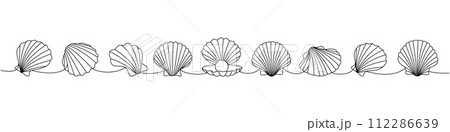 Pearl shells set. Sea shells, mollusks, scallop, pearls. Tropical underwater shells continuous one line illustration. Vector minimalist illustration. Pearl shells set. Sea shells, mollusks, scallop, pearls. Tropical underwater shells continuous one line illustration. Vector minimalist illustration. 112286639