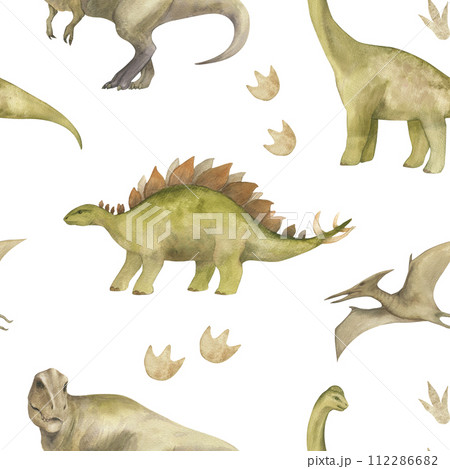 Watercolor seamless pattern with illustration of a dinosaurs and paw prints. For children's room decor, wallpaper, textile Watercolor seamless pattern with illustration of a dinosaurs and paw prints. For children's room decor, wallpaper, textile 112286682
