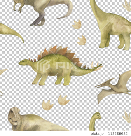 Watercolor seamless pattern with illustration of a dinosaurs and paw prints. For children's room decor, wallpaper, textile 112286682
