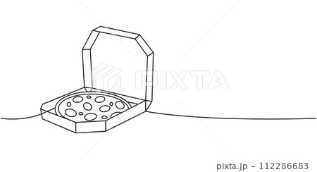 Whole traditional pizza in a box one line continuous drawing. Traditional italian fast food continuous one line illustration. Vector illustration. 112286683