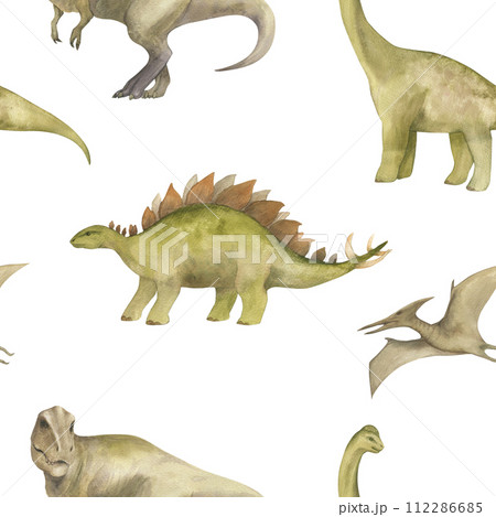 Watercolor seamless pattern with illustration of a dinosaurs. For children's room decor, wallpaper, textile 112286685