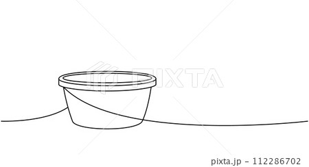 Plastic basin, cleaning bowl, water bucket one line continuous drawing. Cleaning service tools continuous one line illustration. Vector illustration. 112286702