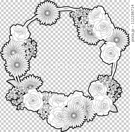 Background material <flower (flower arrangement) frame, wreath, circle, rose, gerbera, allium coigny, monochrome> Background material <flower (flower arrangement) frame, wreath, circle, rose, gerbera, allium coigny, monochrome> 112286714