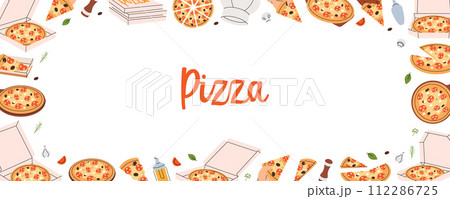 Pizza in horizontal banner. Traditional italian fast food. Restaurant cafe menu. Whole and pieces italian pizza. Vector illustration. 112286725