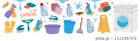 Housekeeping set. Toilet, washing machine, floor mop, bucket, plunger, scoop, sponges, washcloths, brushes, cleaners, gloves. Cleaning service tools. 112286729