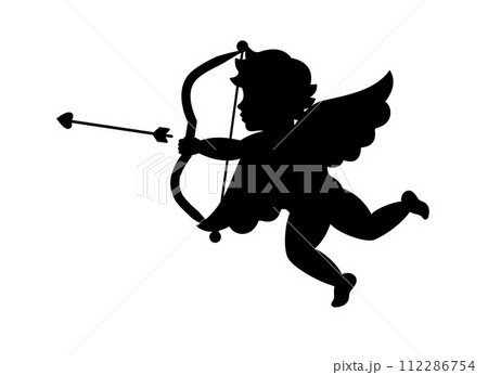 Cupid aiming a bow and arrow. Cherub silhouette. Valentine's day. Love symbol. Vector illustration. 112286754