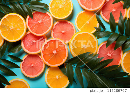 Tropical pattern of grapefruit and orange slices on a blue background 112286767