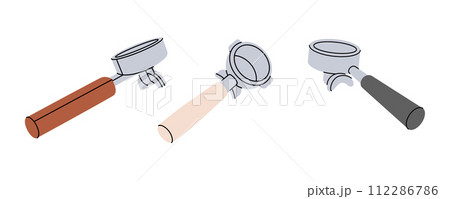 Coffee portafilters for coffee machine. Hand drawn elements for cafe menu, coffee shop. Vector illustration. Coffee portafilters for coffee machine. Hand drawn elements for cafe menu, coffee shop. Vector illustration. 112286786