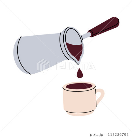 Turkish coffee brewing pot. Hand drawn elements for cafe menu, coffee shop. Vector illustration. 112286792