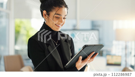 Happy businesswoman in office with tablet, email or social media for business feedback, schedule or agenda. Smile, digital app and woman networking online for market research, web review and report. Happy businesswoman in office with tablet, email or social media for business feedback, schedule or agenda. Smile, digital app and woman networking online for market research, web review and report. 112286987