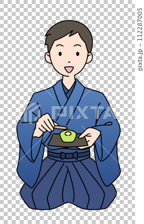 茶道　正座で茶菓子を持つ着物の男性 112287005