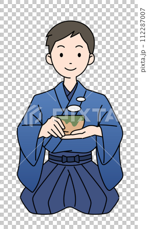 茶道　正座で茶碗を持つ着物の男性 112287007