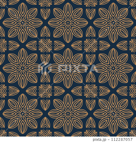 Blue and gold vintage seamless pattern. Floral ornamental luxury damask background. Elegance ornament Blue and gold vintage seamless pattern. Floral ornamental luxury damask background. Elegance ornament 112287057