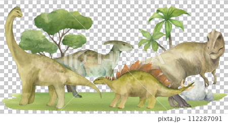 Horizontal banner or frame with dinosaurs,trees,grass. Watercolor illustration. Seamless pattern. For design of children's room decor, wallpaper, invitations, banners, websites, postcards, prints 112287091