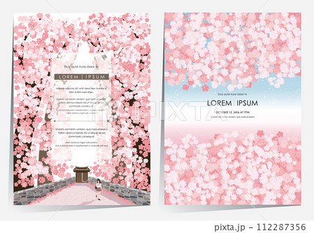 Vector Illustration of a Woman walking Alone on a Tranquil Country Path with Abundant Cherry Blossoms. Template Designs for Stationery, Cards, Notes, Posters, and Book Covers 112287356