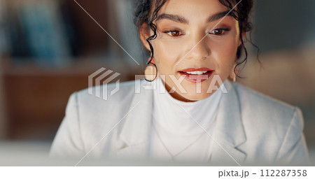Happy woman at desk with computer, thinking or typing email, report or article at digital agency. Internet, research and businesswoman at tech startup with online review, networking project and smile Happy woman at desk with computer, thinking or typing email, report or article at digital agency. Internet, research and businesswoman at tech startup with online review, networking project and smile 112287358