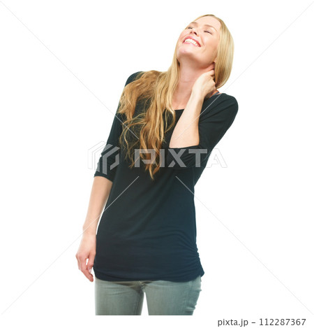 Happy woman, smile and laughing for fashion, style and casual clothes isolated on white background. British female person, model and face for funny joke, edgy outfits and trendy wardrobe in studio Happy woman, smile and laughing for fashion, style and casual clothes isolated on white background. British female person, model and face for funny joke, edgy outfits and trendy wardrobe in studio 112287367