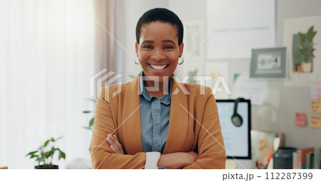 Remote work, confidence and black woman at desk with computer, headphones and smile in home office. Freelance, internet and technology, online career with happy virtual assistant working in apartment 112287399