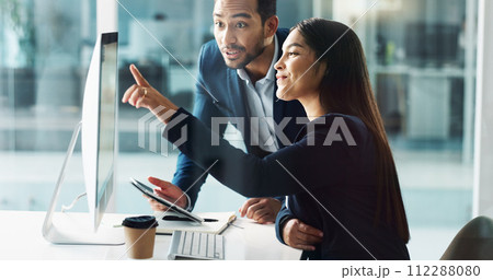 Business people, teamwork and planning on computer, tablet and comparison in multimedia research or report. Man and woman with Information technology solution, results or support for digital software Business people, teamwork and planning on computer, tablet and comparison in multimedia research or report. Man and woman with Information technology solution, results or support for digital software 112288080