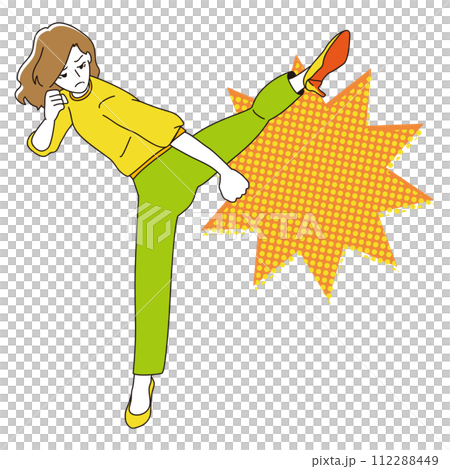 A woman doing a roundhouse kick with heels 112288449