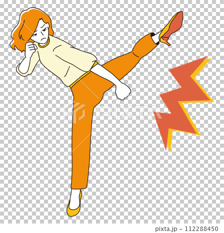 A woman doing a roundhouse kick with heels 112288450