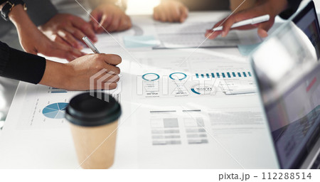 People hands, documents and meeting for data analysis, planning and teamwork in stats meeting and marketing strategy. Business group with paperwork, infographics and metrics report or brainstorming People hands, documents and meeting for data analysis, planning and teamwork in stats meeting and marketing strategy. Business group with paperwork, infographics and metrics report or brainstorming 112288514