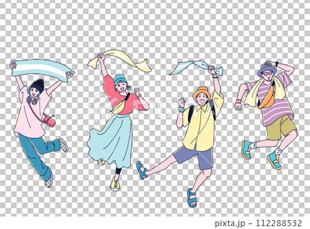 タオルを振り回してジャンプする男女4人 112288532