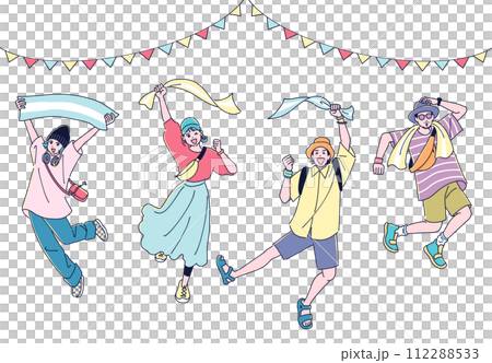 Four men and women jumping while waving towels 112288533