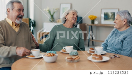 Discussion, coffee and senior friends in living room of nursing home for communication. Smile, conversation and group of elderly people in retirement talking, bonding and drinking cappuccino at house Discussion, coffee and senior friends in living room of nursing home for communication. Smile, conversation and group of elderly people in retirement talking, bonding and drinking cappuccino at house 112288585