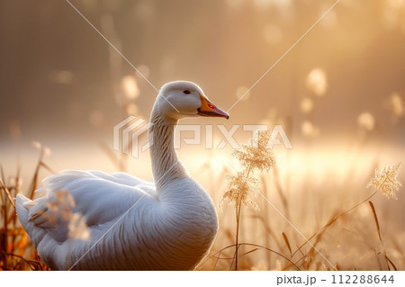 White duck stands in field of tall grass or wildflowers with the sun shining behind it. Generative AI 112288644