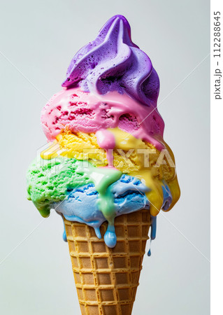 Rainbow colored ice cream cone that is melting. Generative AI 112288645