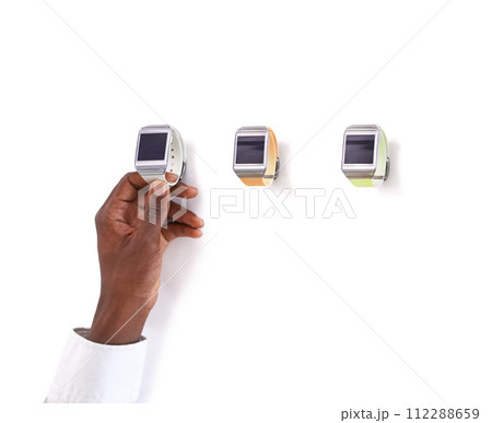 Shopping, choice and hands with smart watch in studio for checking, display or selection on white background. Screen, tech and person holding digital monitor for start of fitness, journey or tracking Shopping, choice and hands with smart watch in studio for checking, display or selection on white background. Screen, tech and person holding digital monitor for start of fitness, journey or tracking 112288659