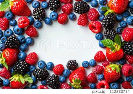 Group of assorted berries arranged in circle. Generative AI 112288754