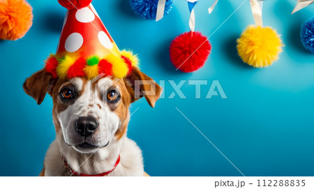 Dog wearing party hat and surrounded by balloons. Generative AI 112288835