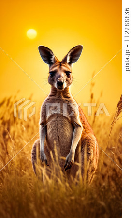 Picture of kangaroo looking towards the camera in field of wheat or grass. Generative AI 112288836