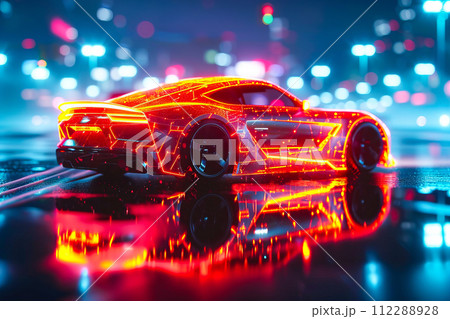 Neon orange sports car is sitting in parking lot at night with city lights in the background. Generative AI 112288928