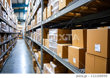 Warehouse with boxes on shelves some of which have labels on them. Generative AI 112288930