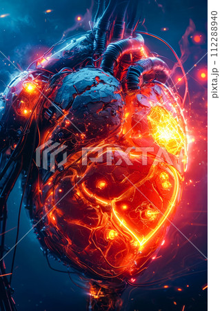 Computer-generated image of heart with glowing veins and arteries. Generative AI 112288940