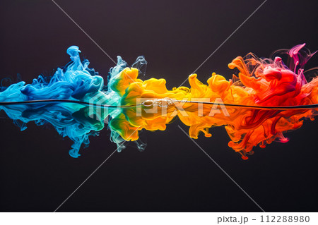 Colorful smoke or vapor trail is created by device that emits stream of heated air which then condenses and forms patterns in the air. Generative AI 112288980