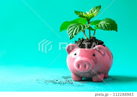 Plant is sprouting from pink piggy bank. Generative AI 112288983