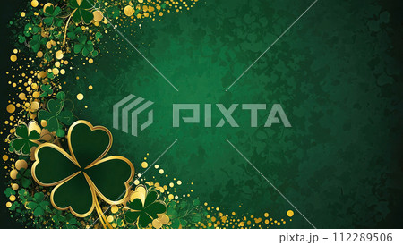 St. Patrick's Day holiday invitation with a place for text in a frame, a postcard with a green four-leaf clover. Banner, St. Patrick's background. AI generated St. Patrick's Day holiday invitation with a place for text in a frame, a postcard with a green four-leaf clover. Banner, St. Patrick's background. AI generated 112289506