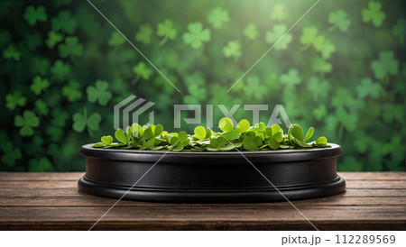Empty podium for product demonstration and installation Background of green clover for St. Patrick's Day. Patrick Day Banner. AI generated Empty podium for product demonstration and installation Background of green clover for St. Patrick's Day. Patrick Day Banner. AI generated 112289569