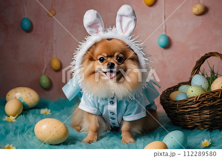 Red-haired German pomeranian dog dressed as an Easter bunny with rabbit ears on an Easter background with colored eggs and a basket. Dog fashion, animal clothing, fancy dress for dogs. AI generated Red-haired German pomeranian dog dressed as an Easter bunny with rabbit ears on an Easter background with colored eggs and a basket. Dog fashion, animal clothing, fancy dress for dogs. AI generated 112289580