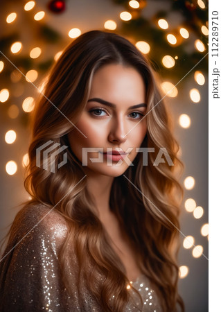 A woman with long brown hair poses for a photo in a gold dress 112289710