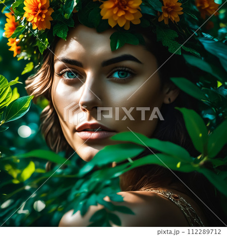 A woman with a flower crown on her head is surrounded by green leaves 112289712