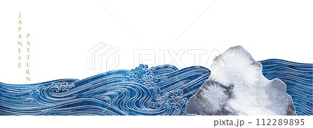 Blue brush stroke texture with Japanese ocean wave pattern in vintage style. Abstract art landscape banner design with watercolor texture vector. Hand drawn line. Blue brush stroke texture with Japanese ocean wave pattern in vintage style. Abstract art landscape banner design with watercolor texture vector. Hand drawn line. 112289895
