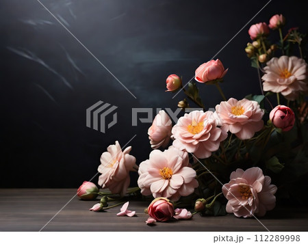 Beautiful bouquet of flowers on wooden table, on dark background 112289998